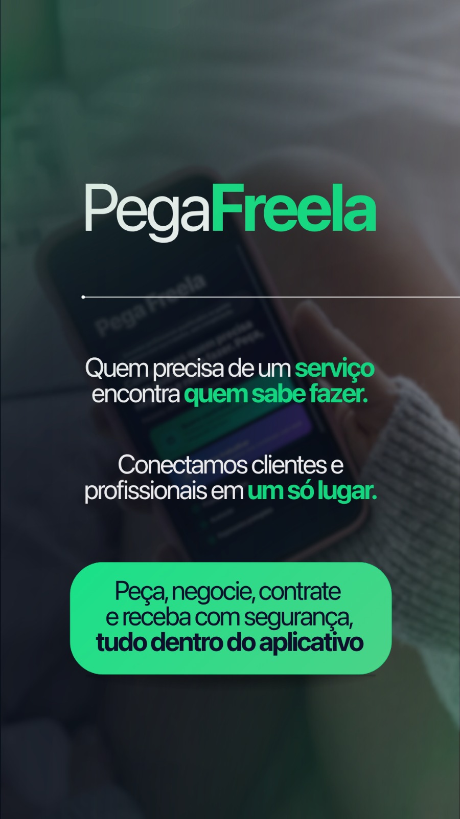 Interface do aplicativo Pega Freela mostrando perfis de freelancers e chat