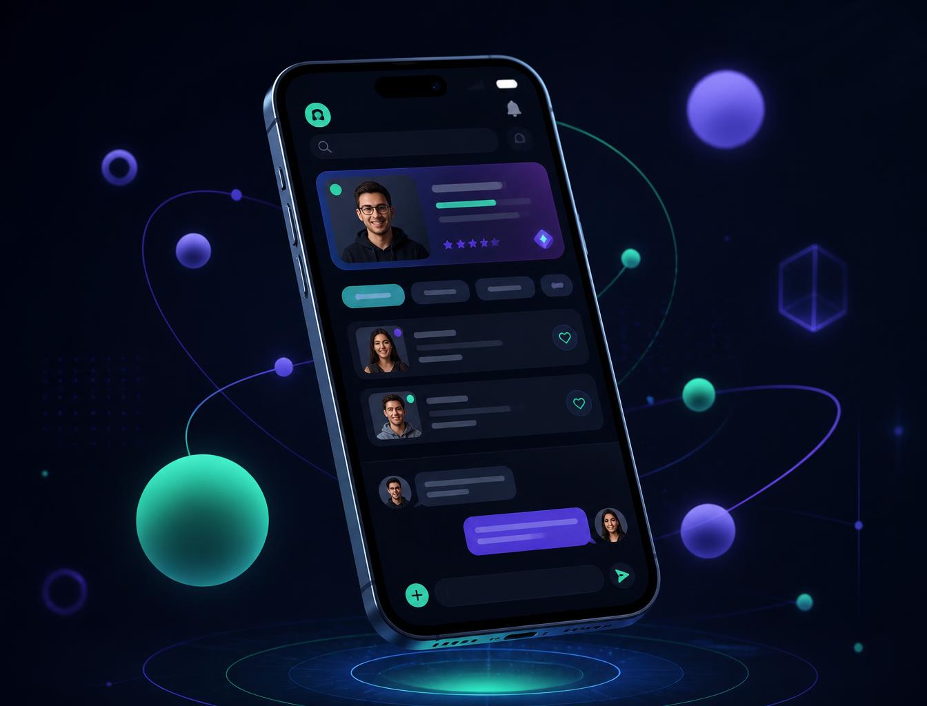 Interface do aplicativo Pega Freela mostrando perfis de freelancers e chat